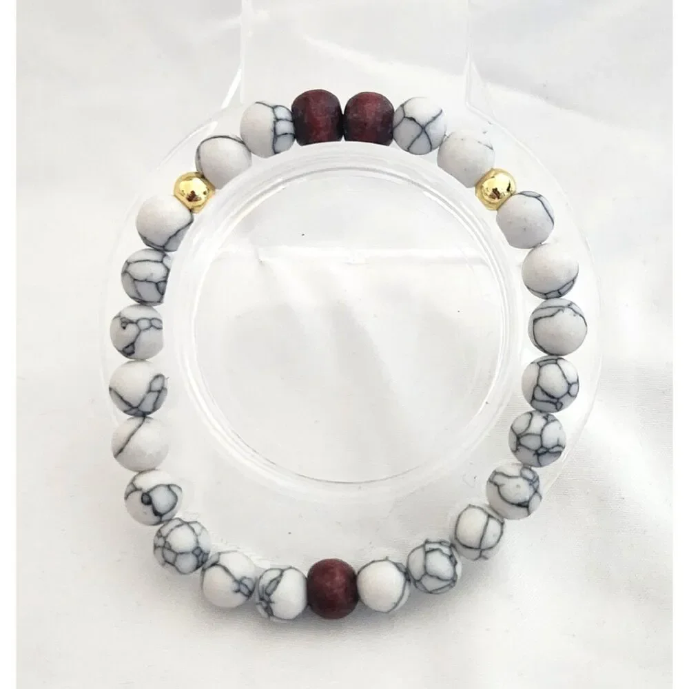 White Howlite Gemstone Bracelet w/ Wood & Gold Accents – Handmade